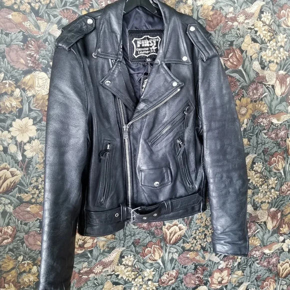 First Genuine Leather 90s Perfecto Jacket — Heavy Hide Metal Hardware True Biker - Picture 2 of 9